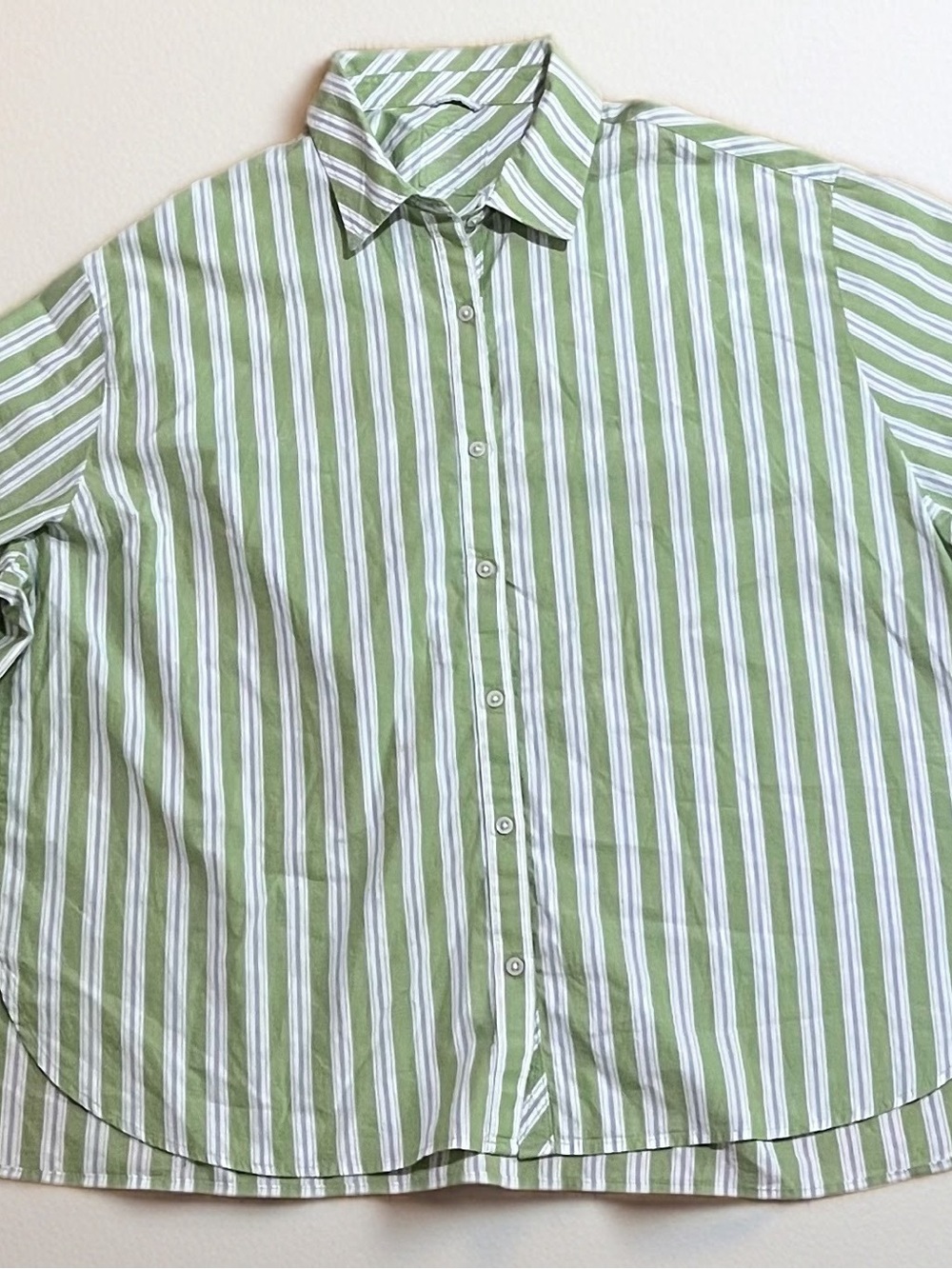 aerie Light Green and White Striped Button-Down Shirt